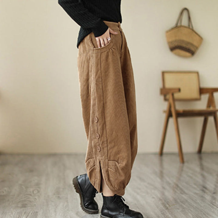 Pantalon en velours côtelé pour femme avec poches et boutons décontractés, orné de Buddha Stones - image 1