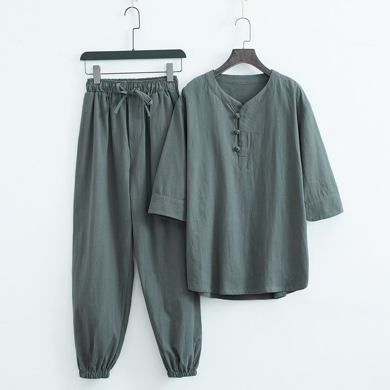 Ensemble homme composé d'un t-shirt à manches courtes et d'un pantalon, de couleur unie, avec Buddha Stones - Vert (Haut et pantalon) - US/UK/AU44，EU54 (4XL) - image 0