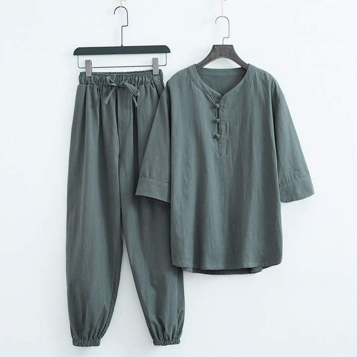 Ensemble homme composé d'un t-shirt à manches courtes et d'un pantalon, de couleur unie, avec Buddha Stones - Vert (Haut et pantalon) - US/UK/AU44，EU54 (4XL) - image 0