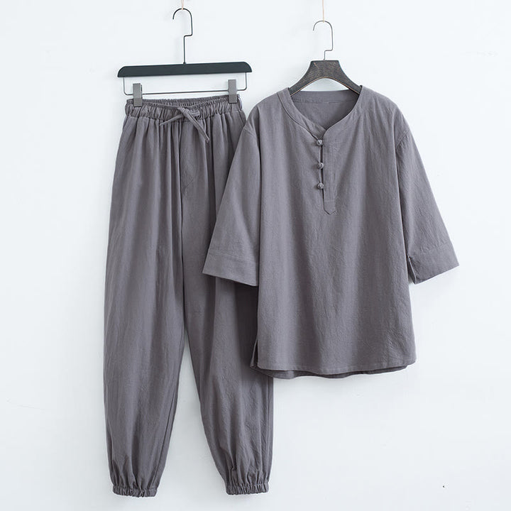 Ensemble homme composé d'un t-shirt à manches courtes et d'un pantalon, de couleur unie, avec Buddha Stones - Gris (Haut et pantalon) - US/UK/AU44，EU54 (4XL) - image 7