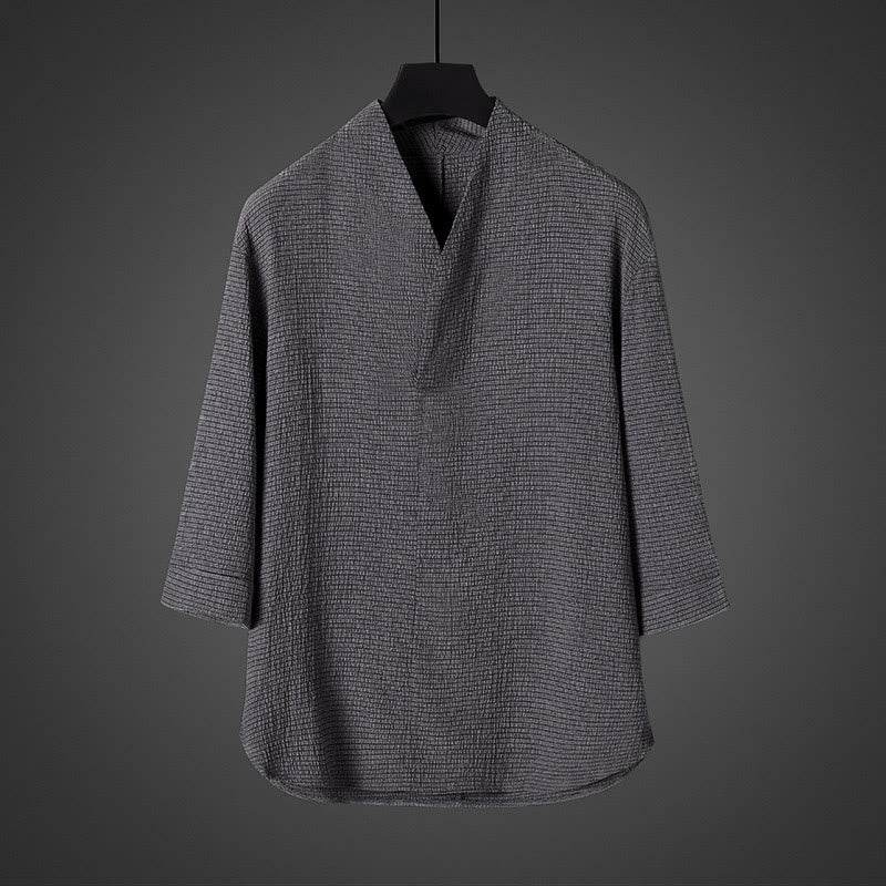 Chemise homme décontractée à manches trois-quarts et col en V Buddha Stones - Gris foncé - US/UK/AU46，EU56 (5XL) - image 2