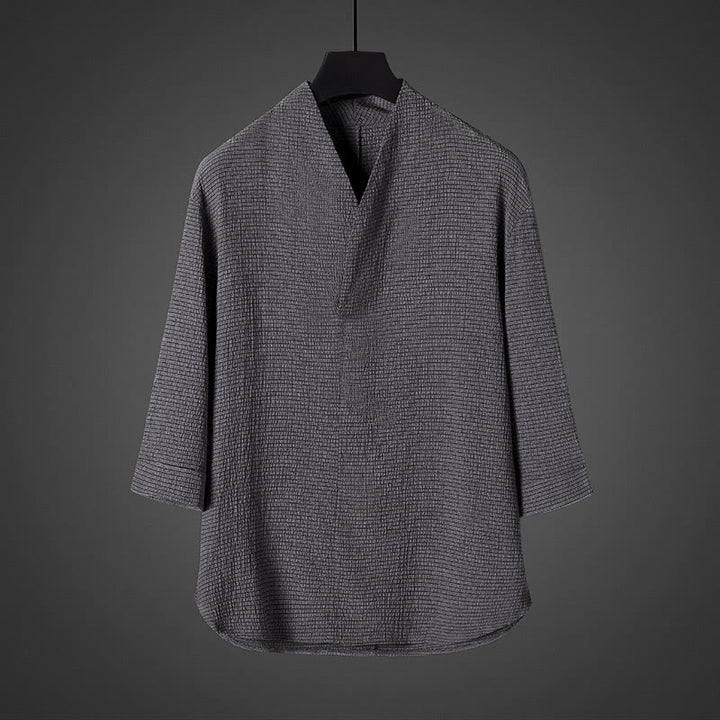 Chemise homme décontractée à manches trois-quarts et col en V Buddha Stones - Gris foncé - US/UK/AU46，EU56 (5XL) - image 2