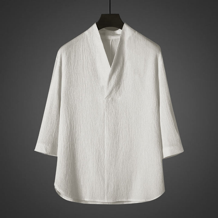Chemise décontractée à col en V et manches trois-quarts pour homme avec Buddha Stones - Blanc - US/UK/AU46，EU56 (5XL) - image 0