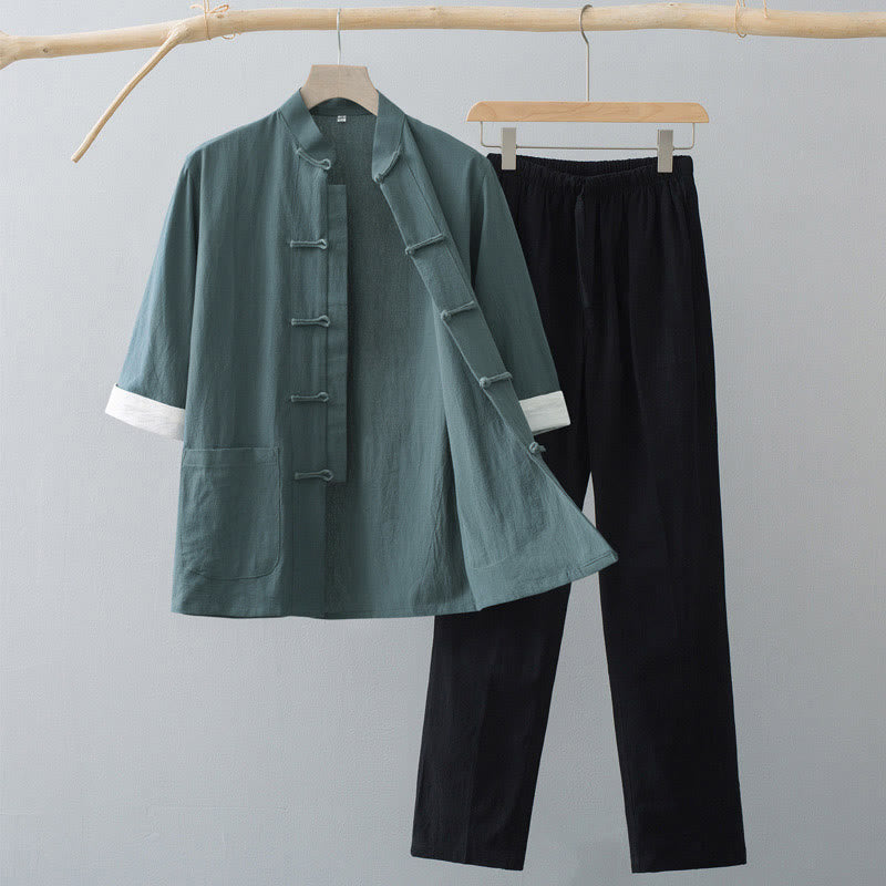 Ensemble pour homme Buddha Stones Traditional Frog Tang : haut à manches courtes et pantalon. - Haut vert et pantalon noir - US/UK/AU44，EU54 (4XL)  - image 0