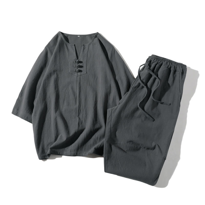 Ensemble de vêtements de méditation pour homme Buddha Stones (2 pièces) : T-shirt uni à col cranté, short large à poches. - Gris ardoise - US/UK/AU46，EU56 (5XL) - image 0