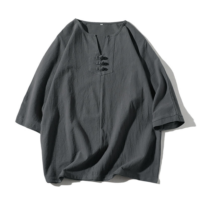 Ensemble de vêtements de méditation pour homme Buddha Stones (2 pièces) : T-shirt uni à col cranté, short large à poches. - image 1