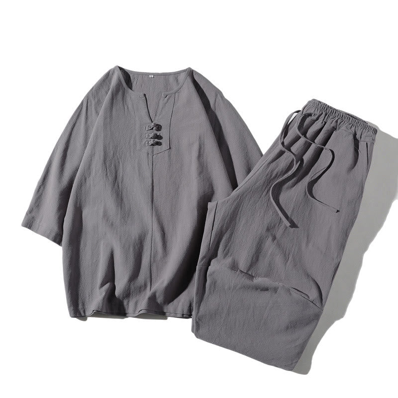 Ensemble de vêtements de méditation pour homme Buddha Stones (2 pièces) : T-shirt uni à col cranté, short large à poches. - Argent - US/UK/AU46，EU56 (5XL) - image 20