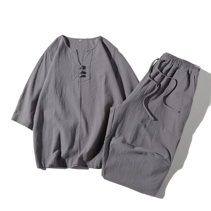 Ensemble de vêtements de méditation pour homme Buddha Stones (2 pièces) : T-shirt uni à col cranté, short large à poches. - Argent - US/UK/AU46，EU56 (5XL) - image 20