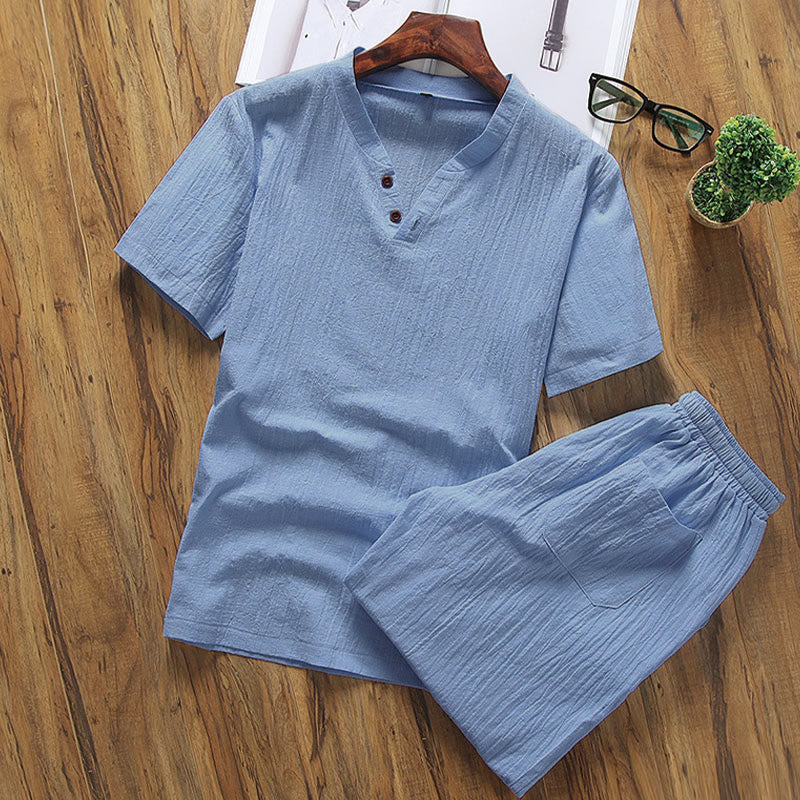 Ensemble de méditation pour homme Buddha Stones, composé d'un t-shirt à manches unies et d'un short à poches (2 pièces). - Bleu ciel profond - US/UK/AU46，EU56 (5XL) - image 8