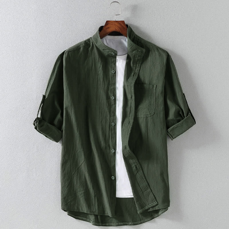 Chemise homme vintage décontractée à manches trois-quarts, style simple boutonnage, avec poche, motif Buddha Stones - Vert foncé - US/UK/AU46，EU56 (5XL) - image 0