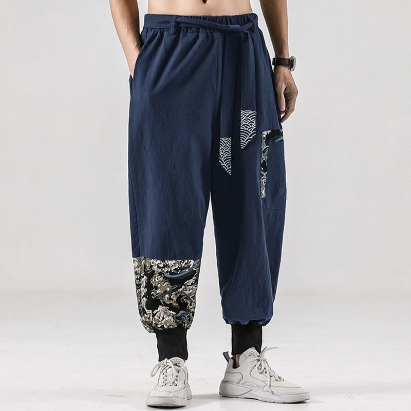 Pantalon harem pour homme à lacets avec poches, motif vagues de l'océan et Buddha Stones - image 30