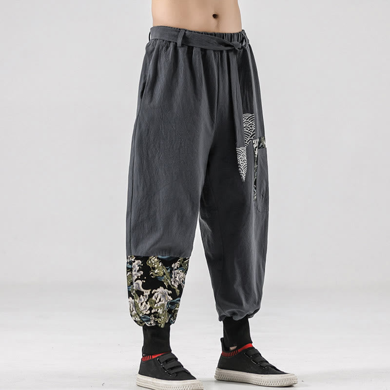 Pantalon harem pour homme à lacets avec poches, motif vagues de l'océan et Buddha Stones - image 27