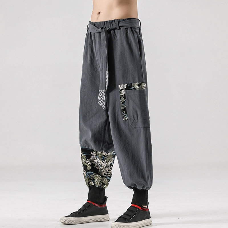 Pantalon harem pour homme à lacets avec poches, motif vagues de l'océan et Buddha Stones - image 23