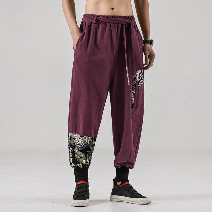 Pantalon harem pour homme à lacets avec poches, motif vagues de l'océan et Buddha Stones - Rouge indien - US/UK/AU46，EU56 (5XL)  - image 13
