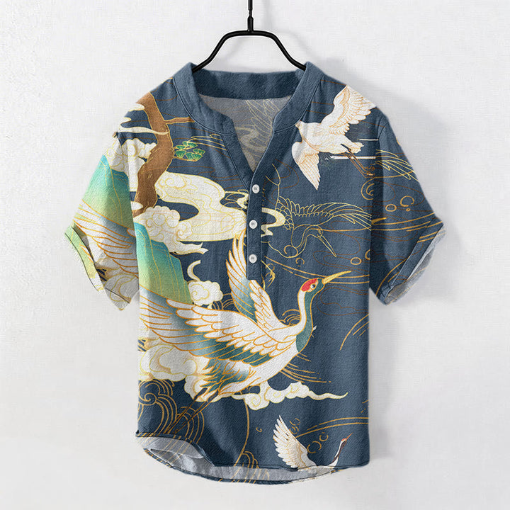 Buddha Stones Chemise homme à manches courtes et demi-boutonnée, motif grue en coton et nuages ​​de bon augure - SteelBlue - US/UK/AU50，EU60 (5XL) - image 4