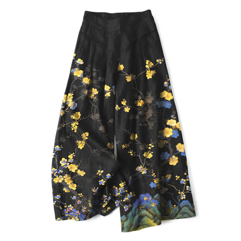 Buddha Stones Pantalon large pour femme en coton et lin jaune vintage à motif floral et taille élastique, avec poches - Noir - US16，UK/AU20，EU48 (3XL) - image 0
