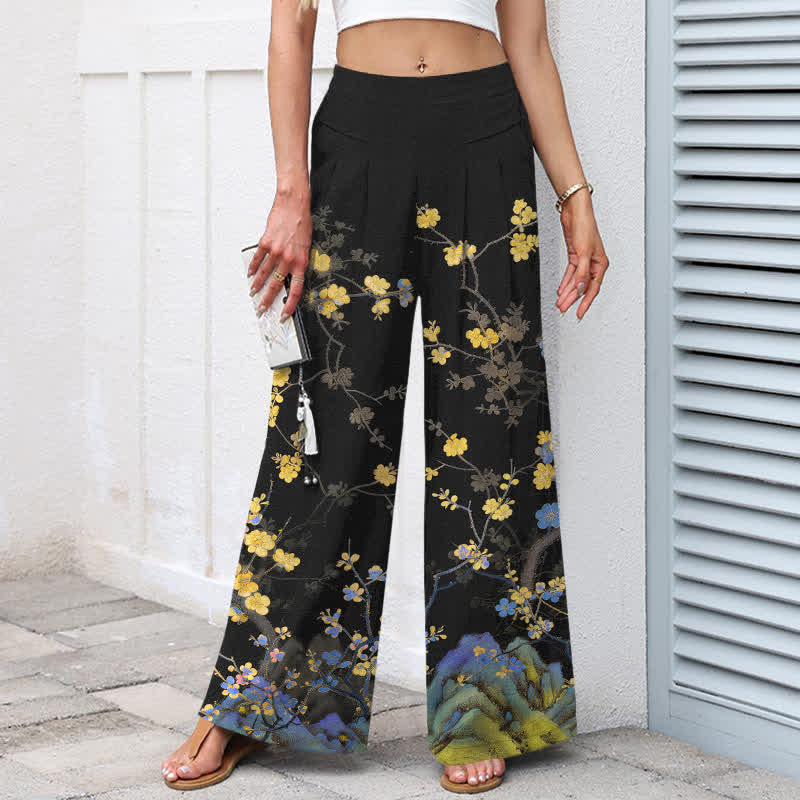Buddha Stones Pantalon large pour femme en coton et lin jaune vintage à motif floral et taille élastique, avec poches - image 1