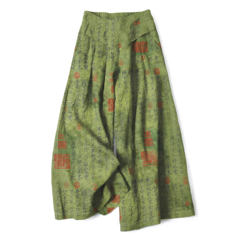 Buddha Stones Pantalon large pour femme en coton et lin à motif d'écriture vintage, taille élastique et poches - Vert olive - US16，UK/AU20，EU48 (3XL) - image 0