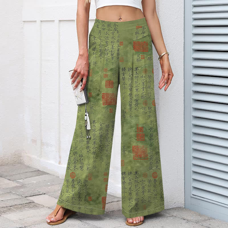 Buddha Stones Pantalon large pour femme en coton et lin à motif d'écriture vintage, taille élastique et poches - image 1