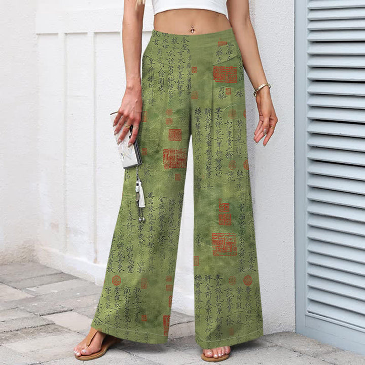 Buddha Stones Pantalon large pour femme en coton et lin à motif d'écriture vintage, taille élastique et poches - image 1