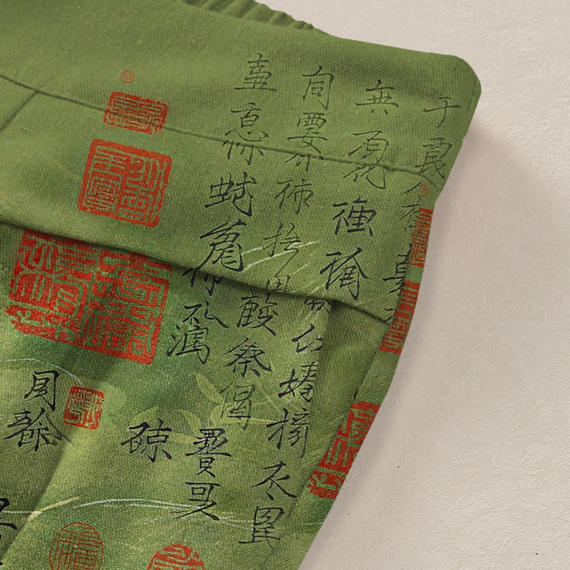 Buddha Stones Pantalon large pour femme en coton et lin à motif d'écriture vintage, taille élastique et poches - image 2