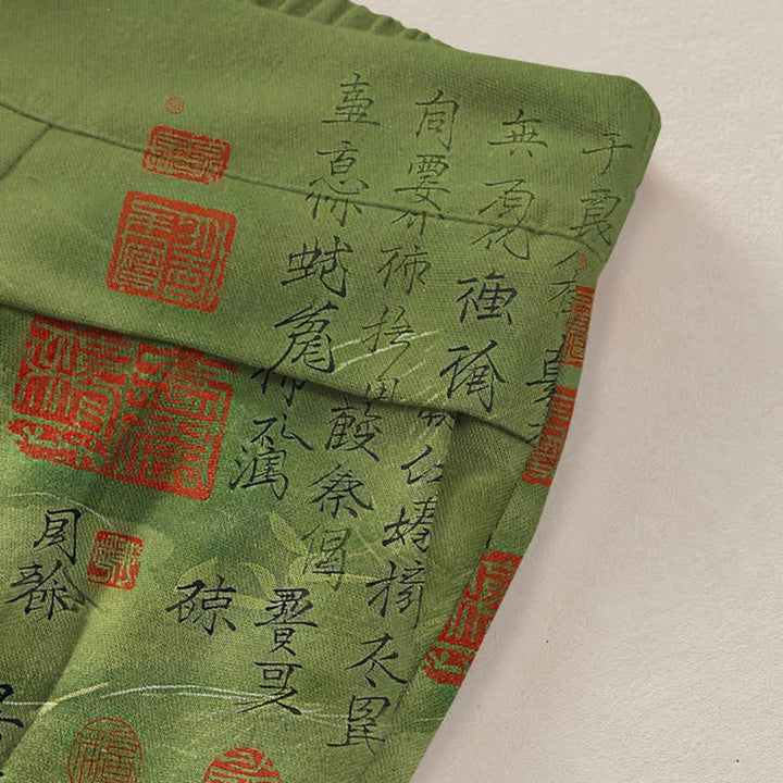 Buddha Stones Pantalon large pour femme en coton et lin à motif d'écriture vintage, taille élastique et poches - image 2
