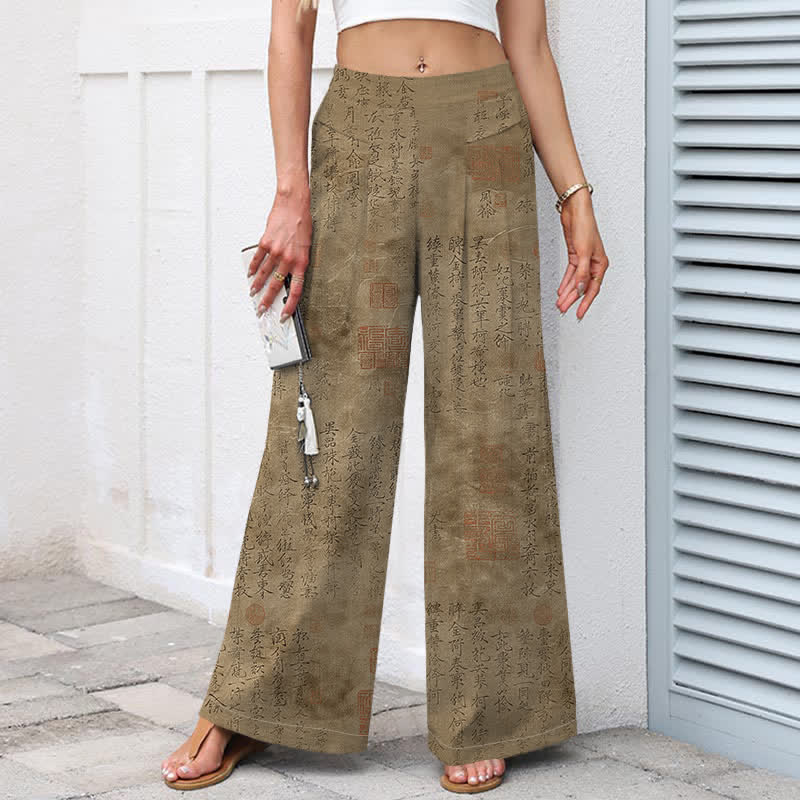 Buddha Stones Pantalon large pour femme en coton et lin à motif d'écriture vintage, taille élastique et poches - image 5