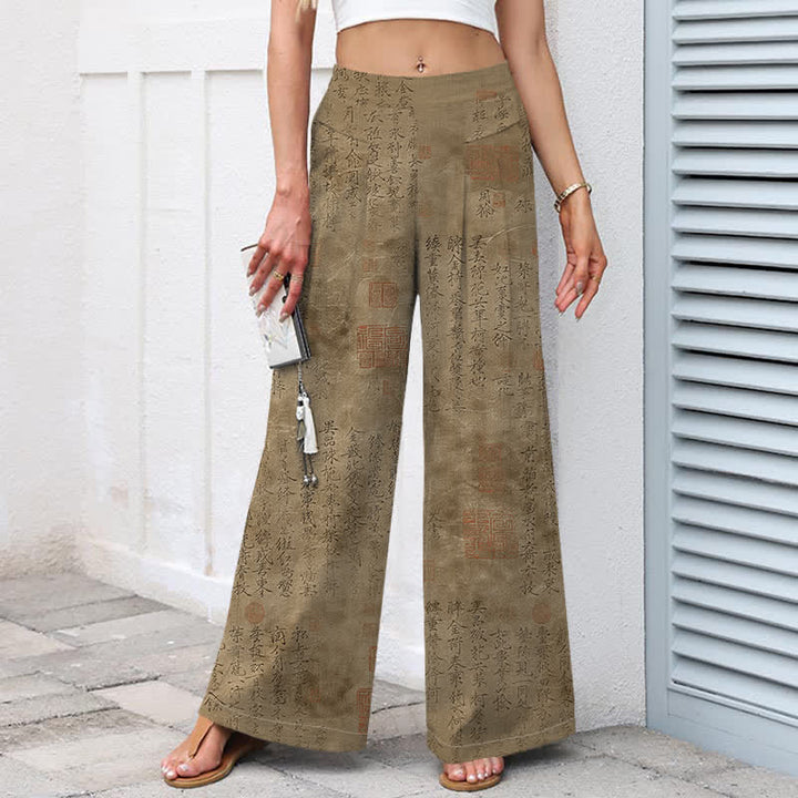 Buddha Stones Pantalon large pour femme en coton et lin à motif d'écriture vintage, taille élastique et poches - image 5