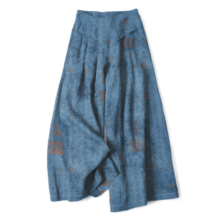 Buddha Stones Pantalon large pour femme en coton et lin à motif d'écriture vintage, taille élastique et poches - SteelBlue - US16，UK/AU20，EU48 (3XL) - image 6