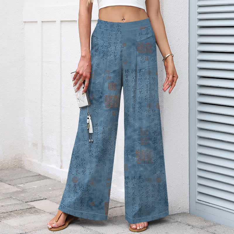 Buddha Stones Pantalon large pour femme en coton et lin à motif d'écriture vintage, taille élastique et poches - image 7