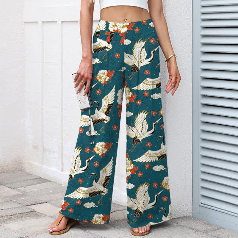 Buddha Stones Pantalon large à taille élastique et poches pour femme, en coton et lin, motif de fleurs de grue - image 1