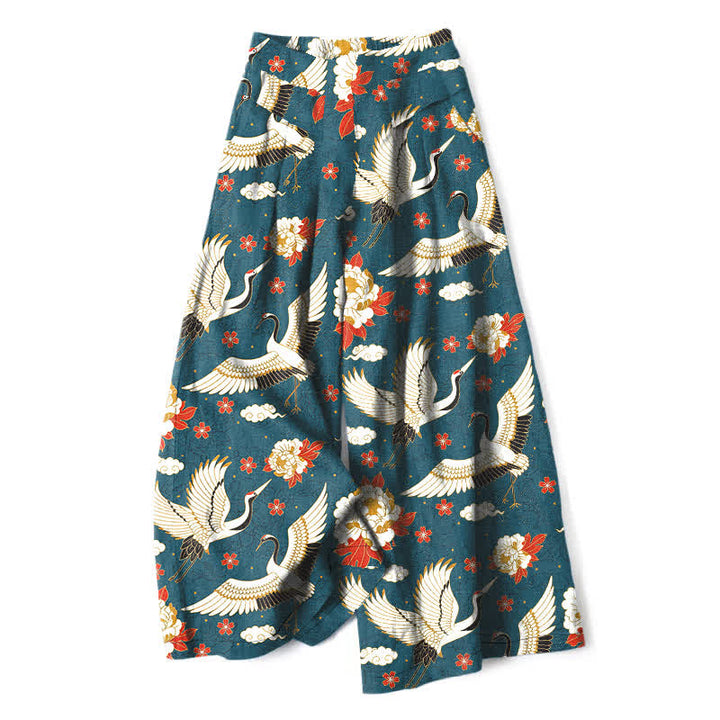 Buddha Stones Pantalon large à taille élastique et poches pour femme, en coton et lin, motif de fleurs de grue - Sarcelle - US16，UK/AU20，EU48 (3XL) - image 0