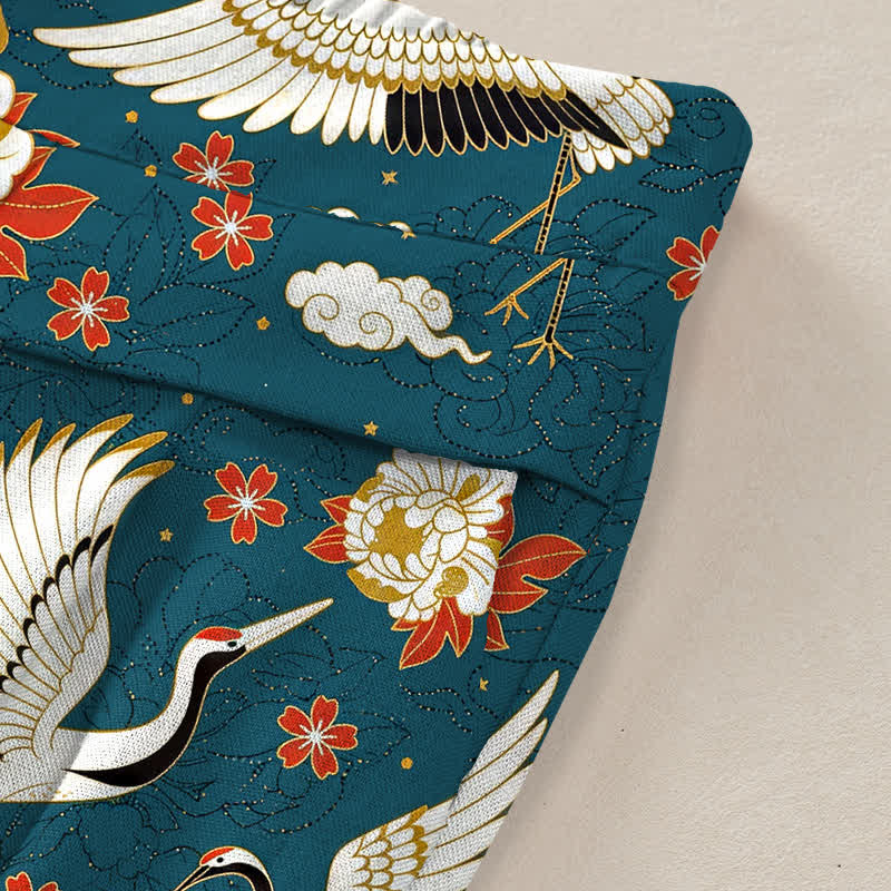 Buddha Stones Pantalon large à taille élastique et poches pour femme, en coton et lin, motif de fleurs de grue - image 2