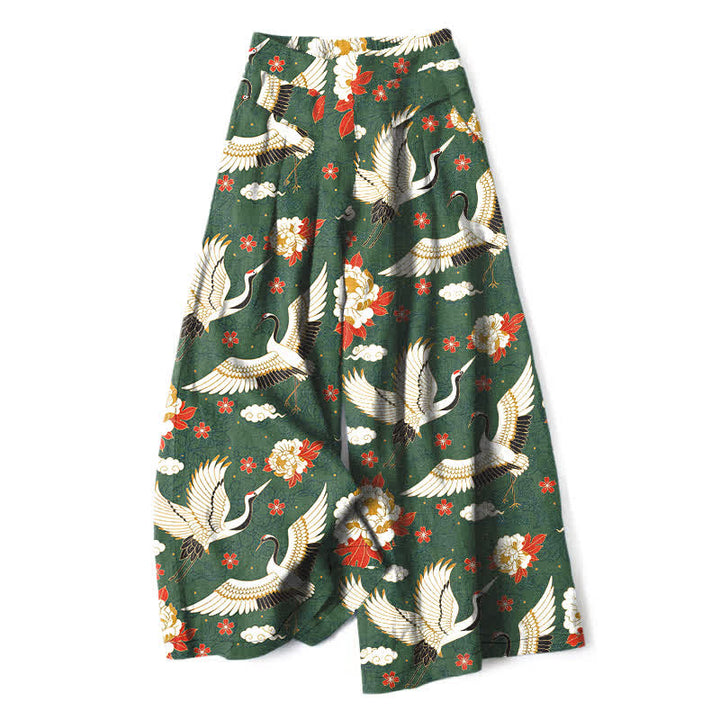 Buddha Stones Pantalon large à taille élastique et poches pour femme, en coton et lin, motif de fleurs de grue - Vert olive foncé - US16，UK/AU20，EU48 (3XL) - image 4