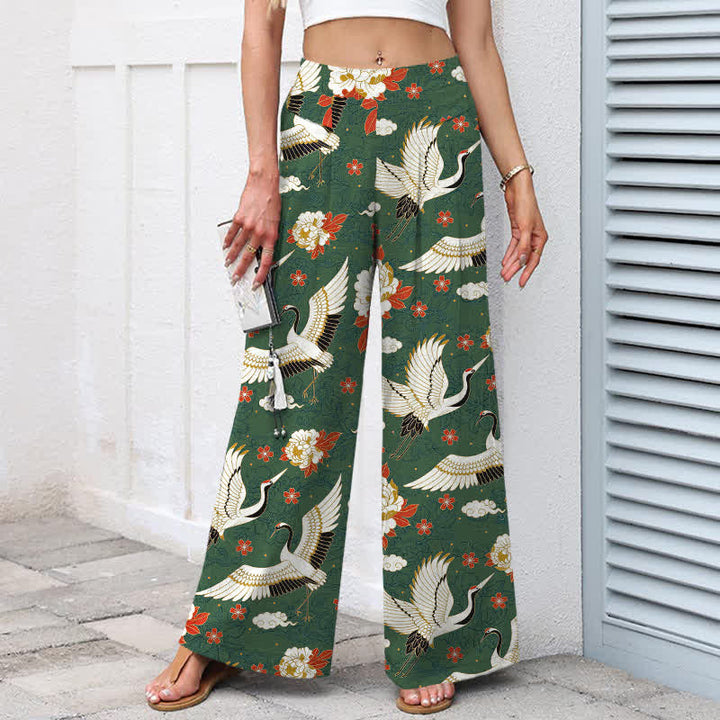 Buddha Stones Pantalon large à taille élastique et poches pour femme, en coton et lin, motif de fleurs de grue - image 5