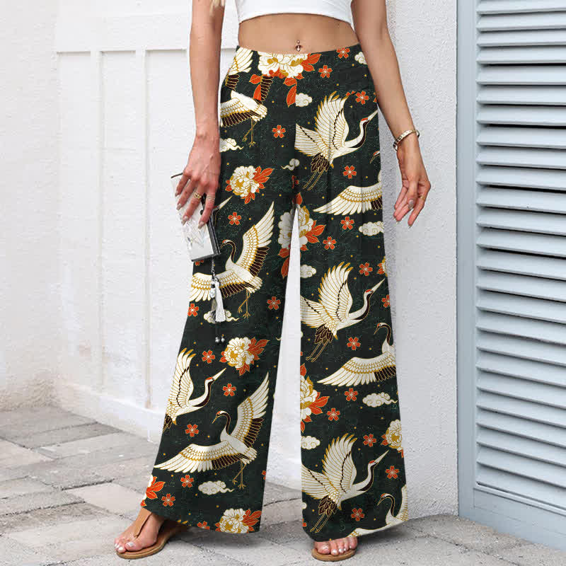Buddha Stones Pantalon large à taille élastique et poches pour femme, en coton et lin, motif de fleurs de grue - image 7