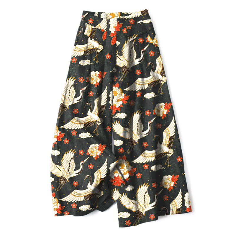 Buddha Stones Pantalon large à taille élastique et poches pour femme, en coton et lin, motif de fleurs de grue - Noir - US16，UK/AU20，EU48 (3XL) - image 6