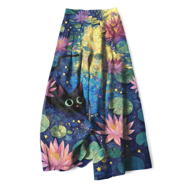 Buddha Stones Pantalon large en coton et lin à motif floral céleste, chat et lotus, avec poches et taille élastique - Marine - US16，UK/AU20，EU48 (3XL) - image 0