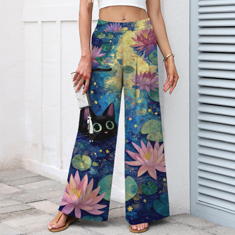 Buddha Stones Pantalon large en coton et lin à motif floral céleste, chat et lotus, avec poches et taille élastique - image 1