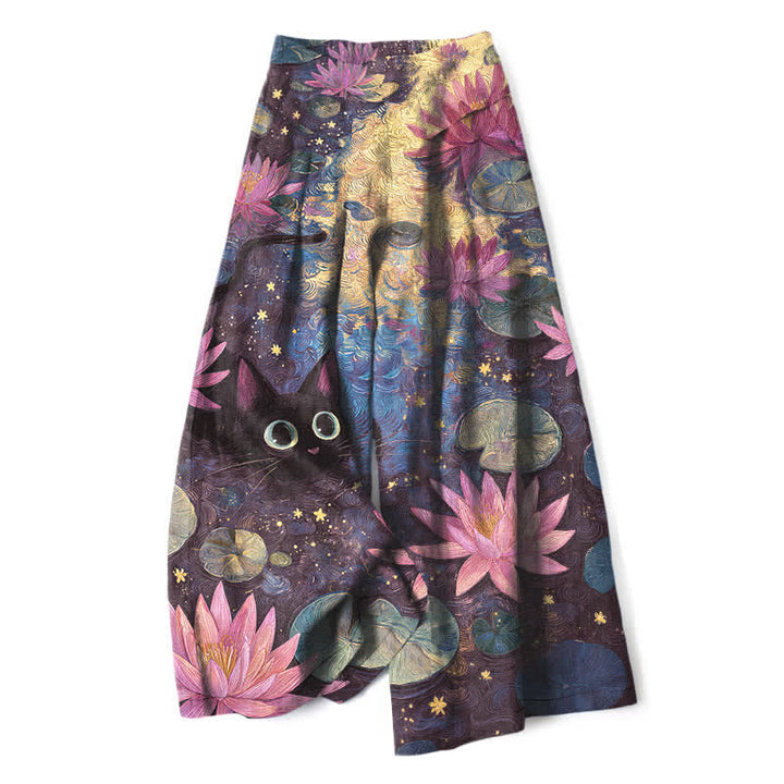 Buddha Stones Pantalon large en coton et lin à motif floral céleste, chat et lotus, avec poches et taille élastique - Bleu ardoise foncé - US16，UK/AU20，EU48 (3XL) - image 4