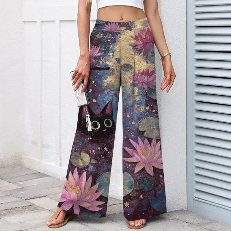 Buddha Stones Pantalon large en coton et lin à motif floral céleste, chat et lotus, avec poches et taille élastique - image 5
