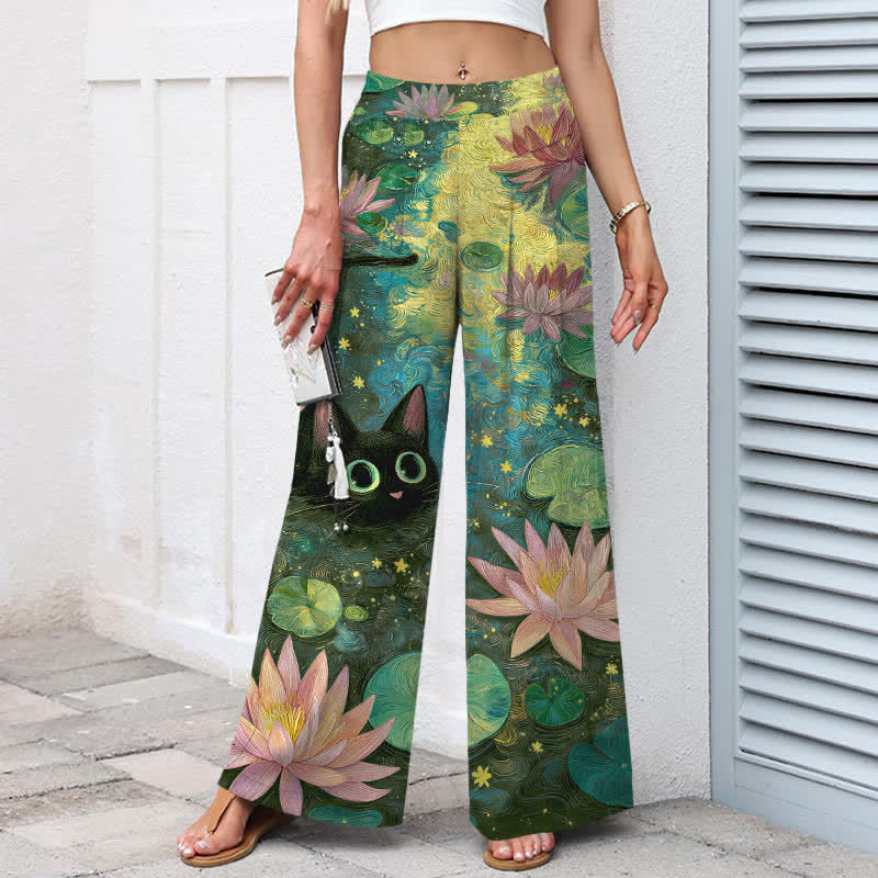 Buddha Stones Pantalon large en coton et lin à motif floral céleste, chat et lotus, avec poches et taille élastique - image 7