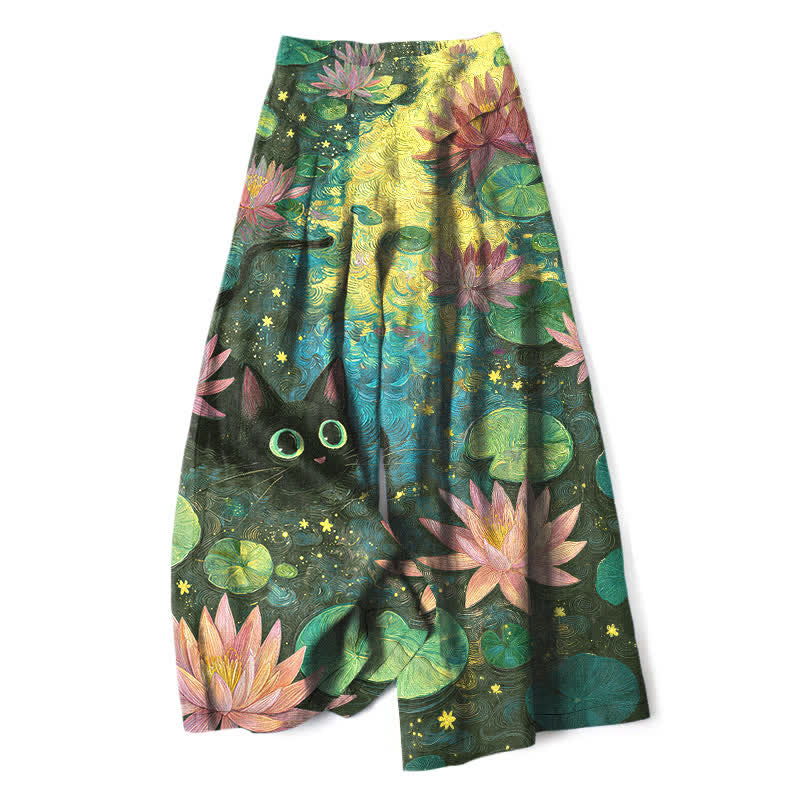 Buddha Stones Pantalon large en coton et lin à motif floral céleste, chat et lotus, avec poches et taille élastique - Vert olive foncé - US16，UK/AU20，EU48 (3XL) - image 6