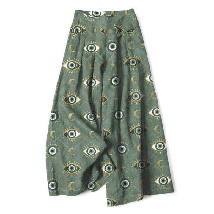 Buddha Stones Pantalon large en coton et lin à motif œil maléfique et lune pour femme, avec taille élastique et poches - Vert olive foncé - US16，UK/AU20，EU48 (3XL) - image 0