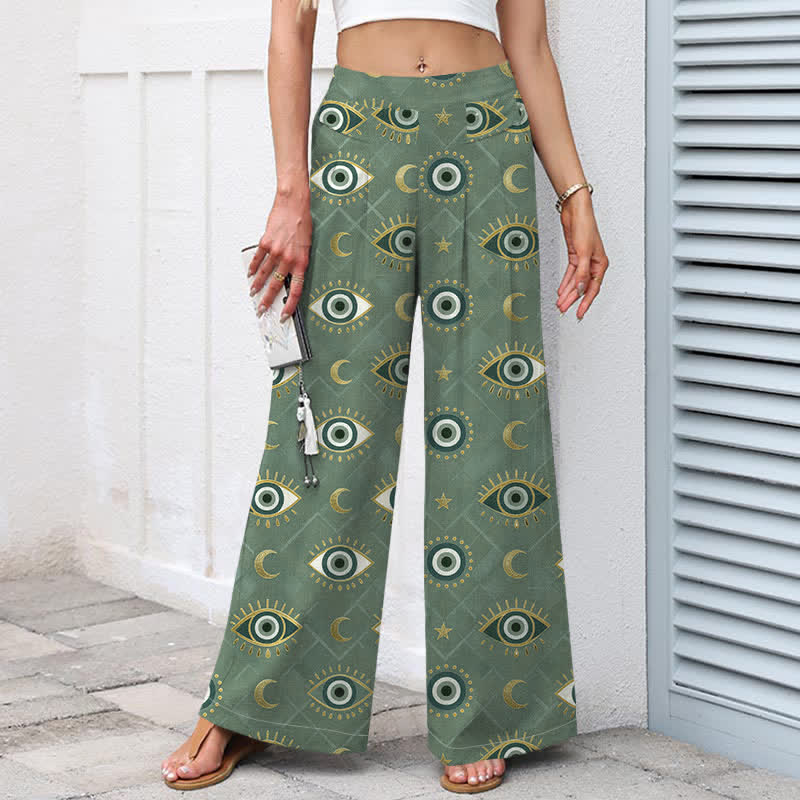 Buddha Stones Pantalon large en coton et lin à motif œil maléfique et lune pour femme, avec taille élastique et poches - image 1