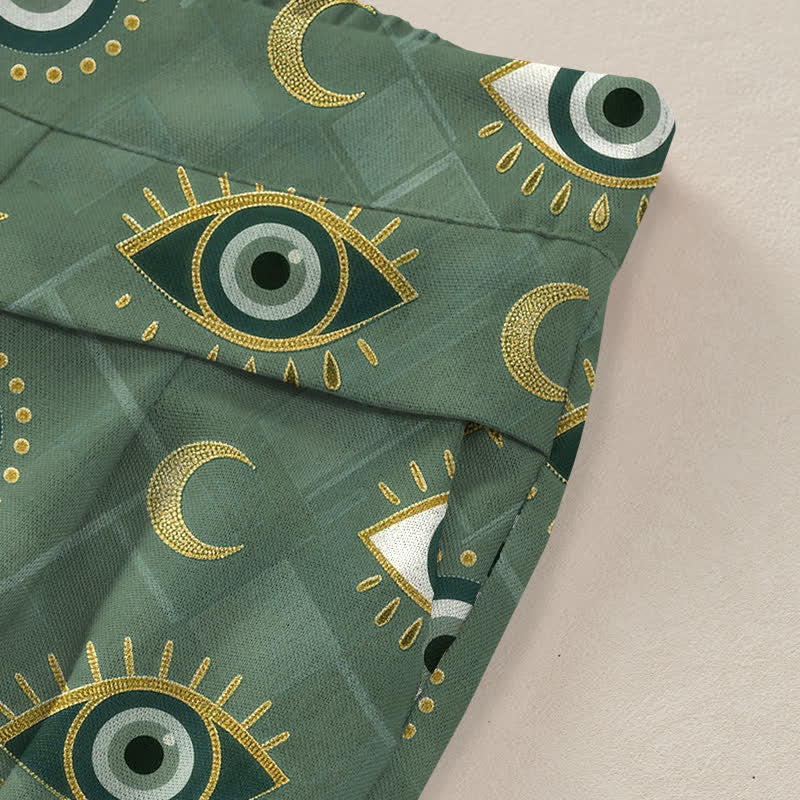 Buddha Stones Pantalon large en coton et lin à motif œil maléfique et lune pour femme, avec taille élastique et poches - image 2