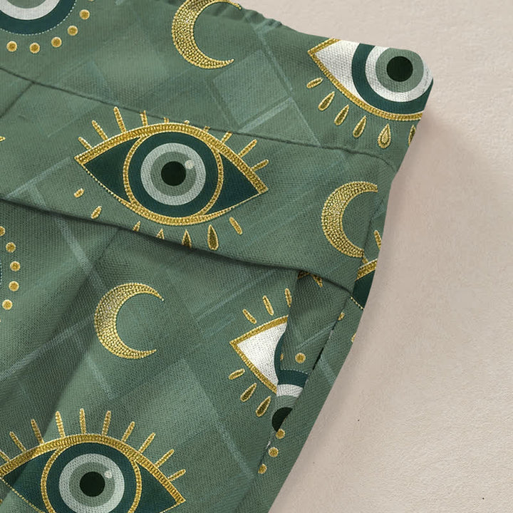 Buddha Stones Pantalon large en coton et lin à motif œil maléfique et lune pour femme, avec taille élastique et poches - image 2