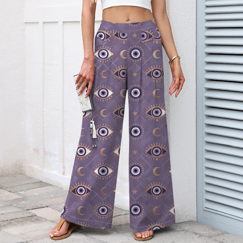 Buddha Stones Pantalon large en coton et lin à motif œil maléfique et lune pour femme, avec taille élastique et poches - image 5