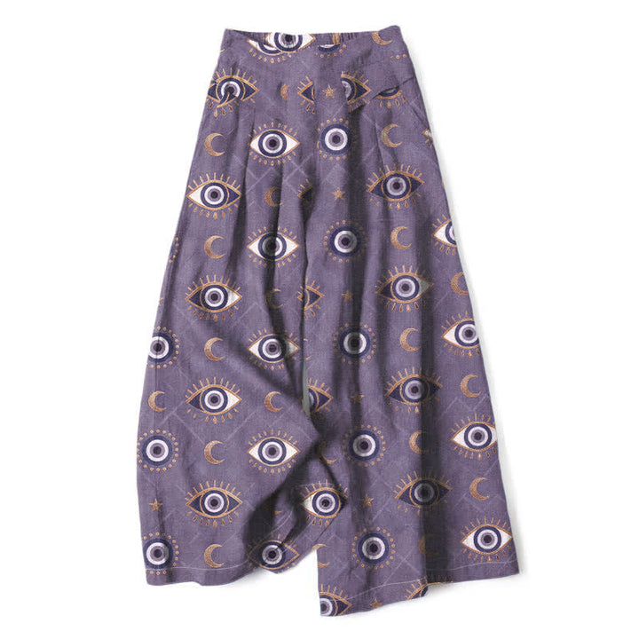 Buddha Stones Pantalon large en coton et lin à motif œil maléfique et lune pour femme, avec taille élastique et poches - Violet moyen - US16，UK/AU20，EU48 (3XL) - image 4