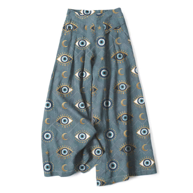 Buddha Stones Pantalon large en coton et lin à motif œil maléfique et lune pour femme, avec taille élastique et poches - Bleu acier clair - US16，UK/AU20，EU48 (3XL) - image 6